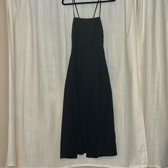 NWT The Workshop Black Linen Spaghetti Strap Dress M Lace up Back with Slit - Picture 7 of 11